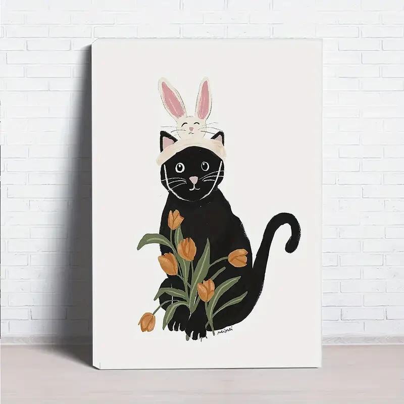 Charming Black Cat Drawing Wall Art  Canvas Unframed/Framed