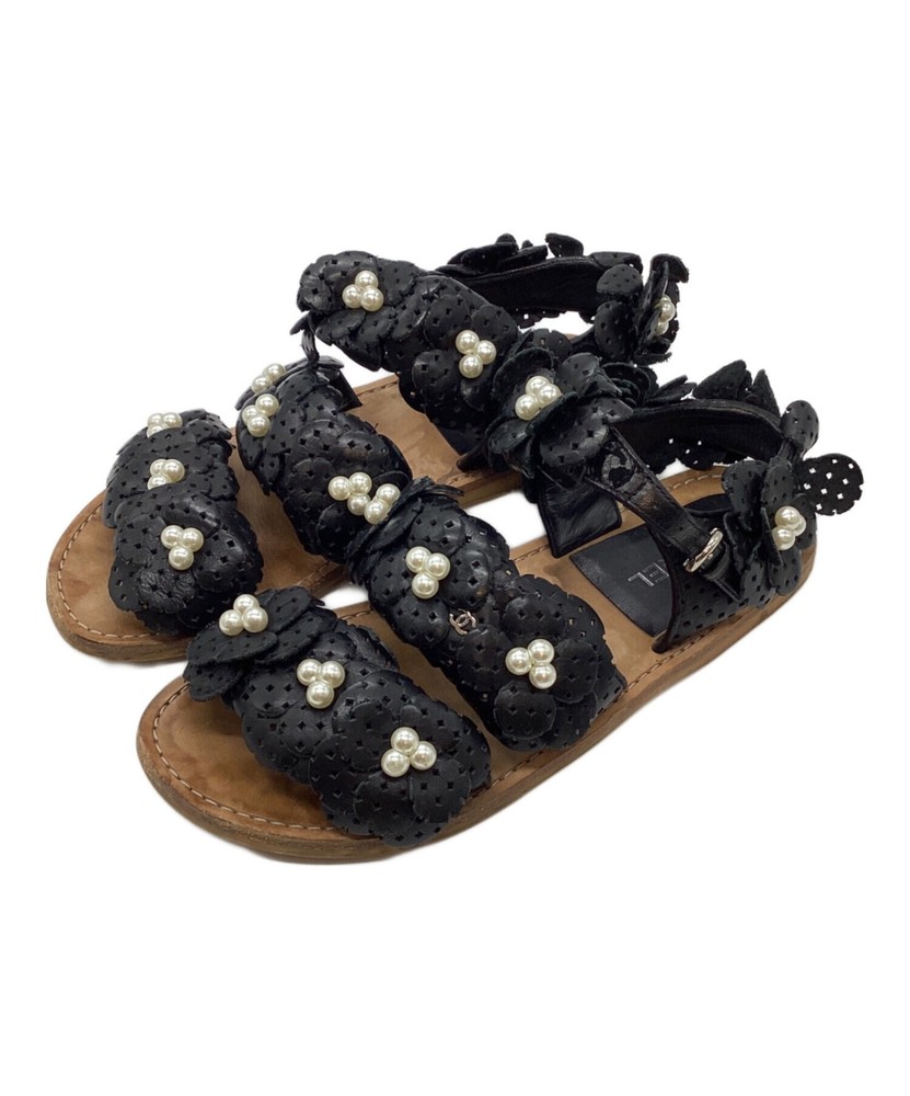 CHANEL black Pearl sandals size US6.5 authentic from Japan rare