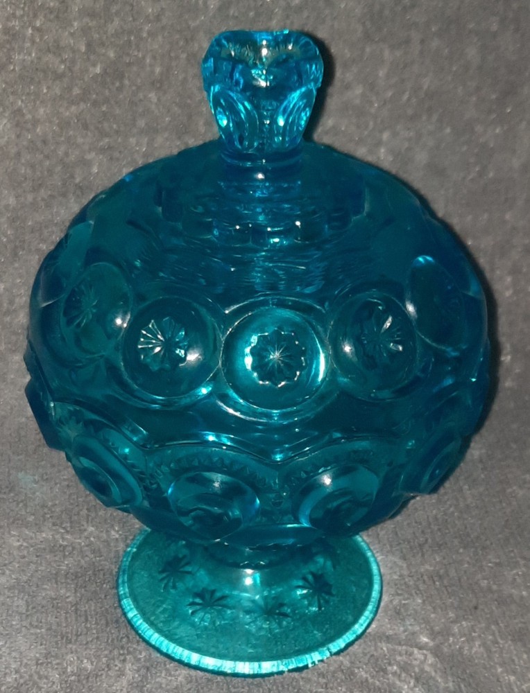 Vintage Blue L.E. Smith Glass Company lidded candy dish Moon and Stars
