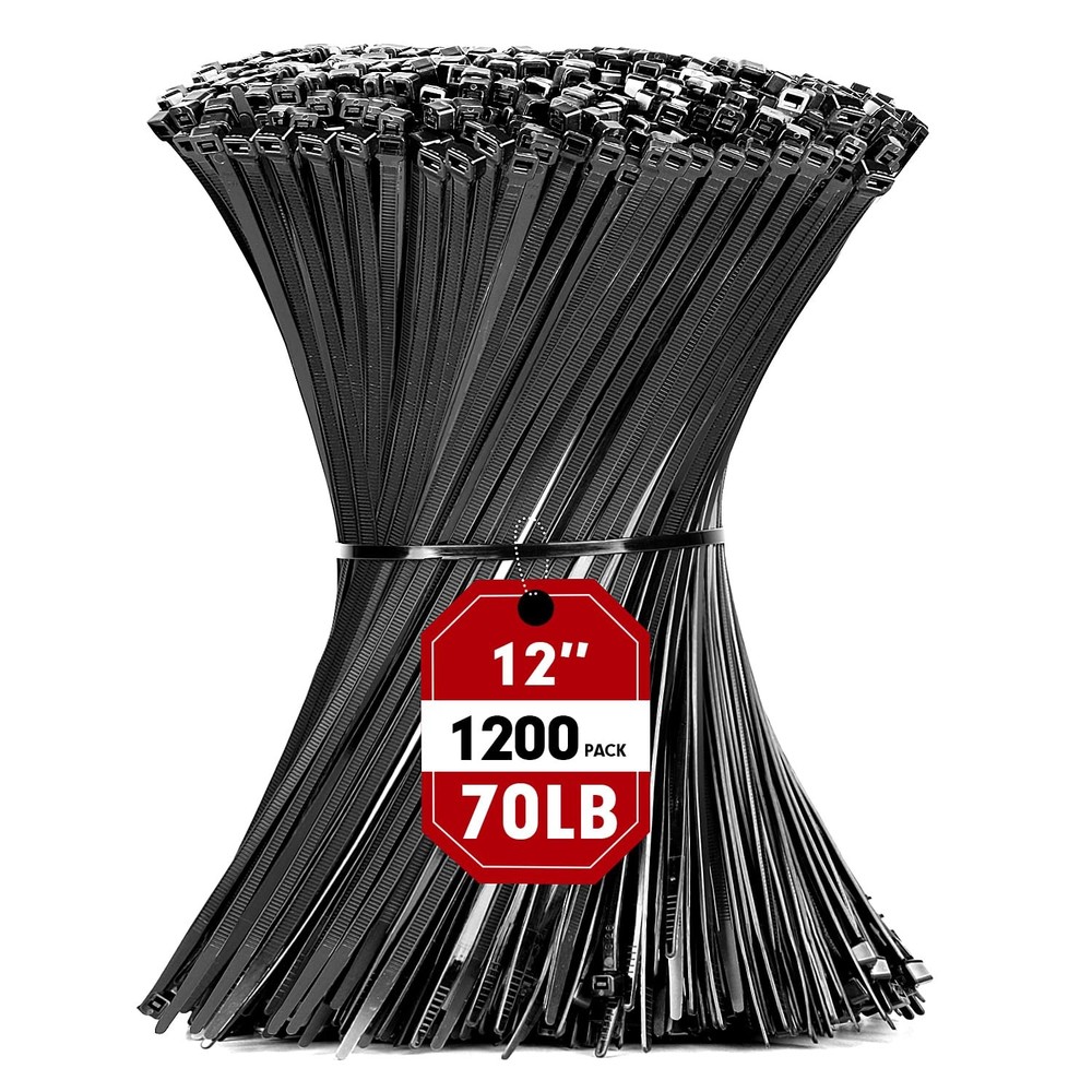 1200pcs 12-Inch Heavy Duty Black Zip Ties for Cable Management