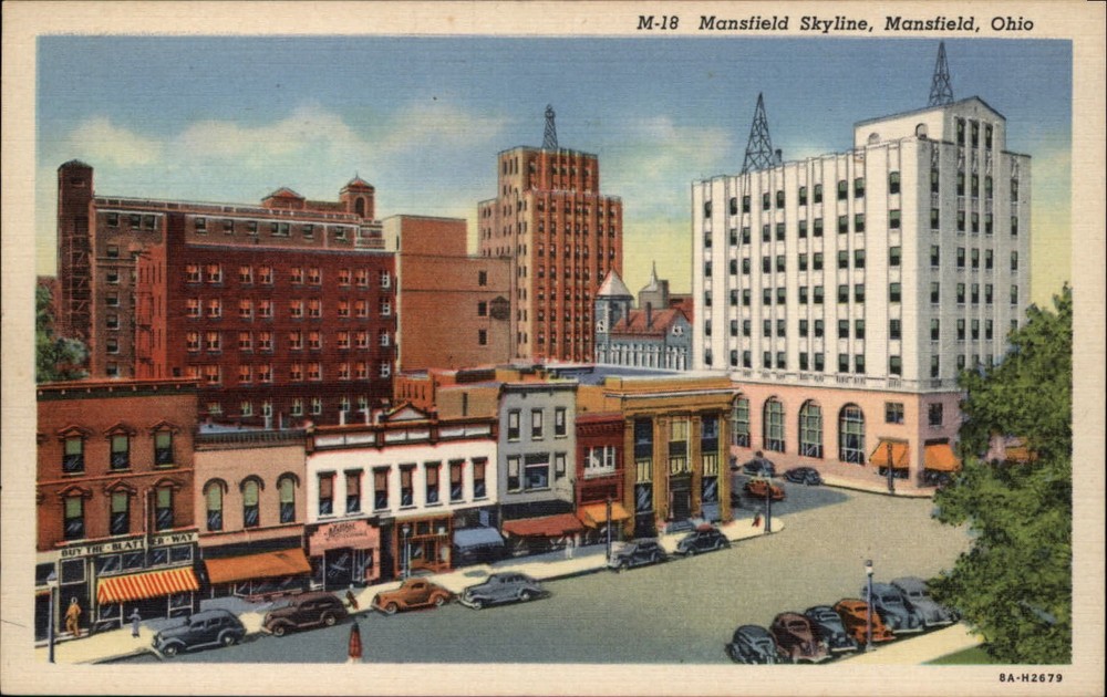 Mansfield Ohio Skyline 1930-40s cars street view unused vintage linen postcard