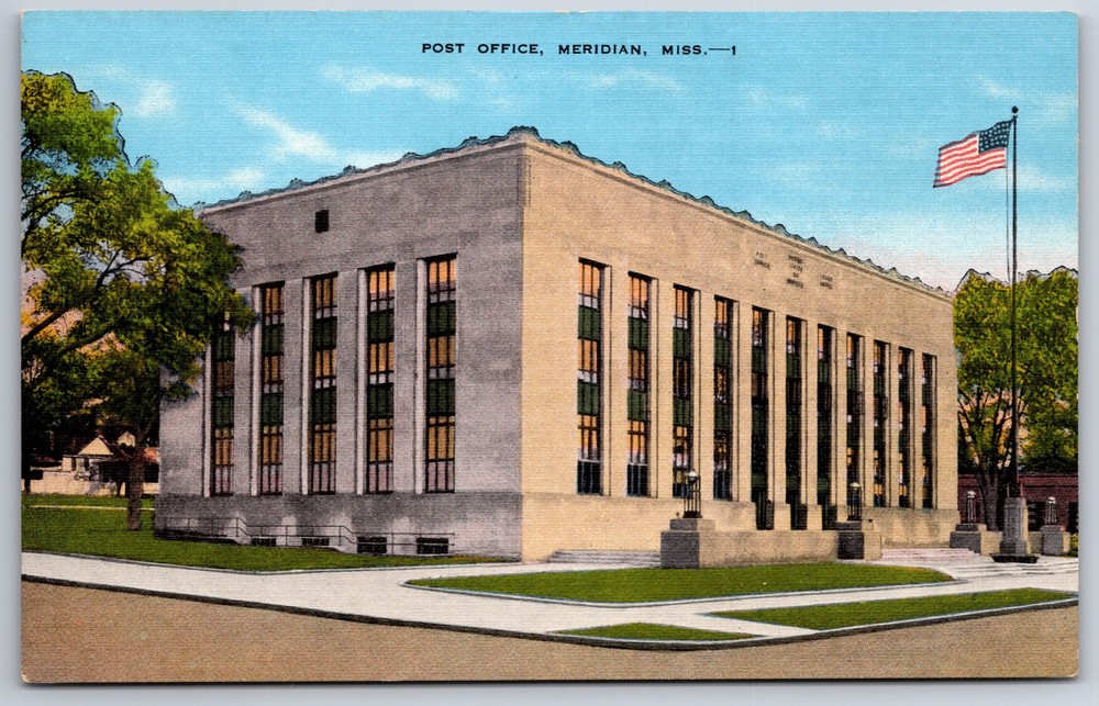 Meridian Mississippi~US Post Office Street View~EC Kropp~Vintage Linen Postcard