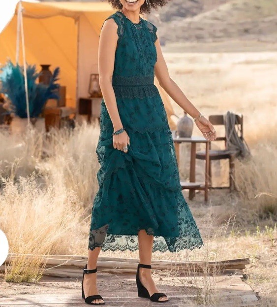 NEW Sundance Catalog Loren Lace Teal Green Tiered Flutter Sleeve Dress Women 8P