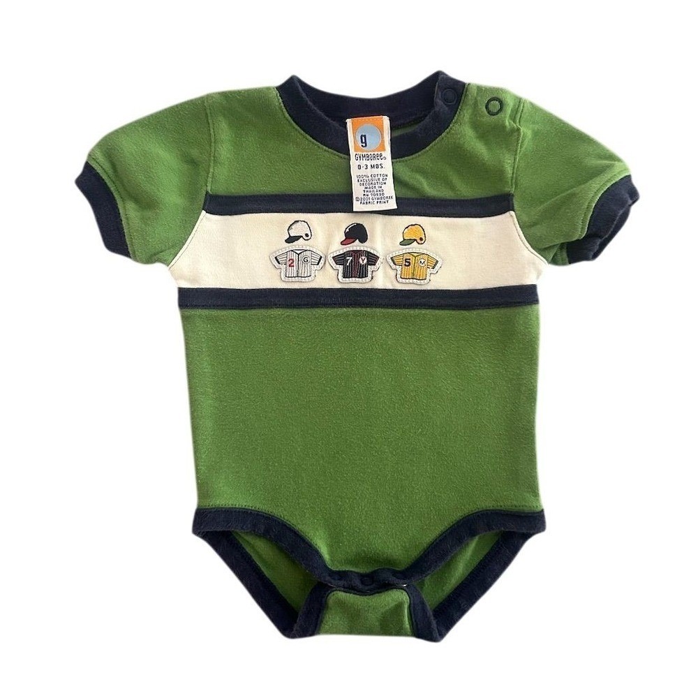 VTG Y2K 2001 Gymboree Baby Boys Baseball Bodysuit Green 0-3 Months Short Sleeve