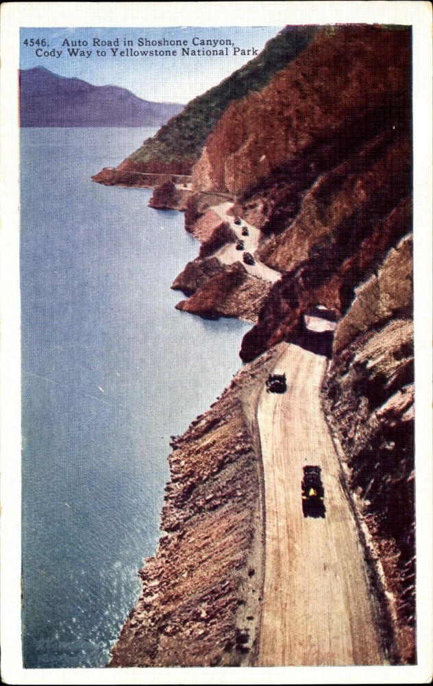 Aerial view Shoshone Canyon auto road ~ Cody Way to Yellowstone Park 1930s