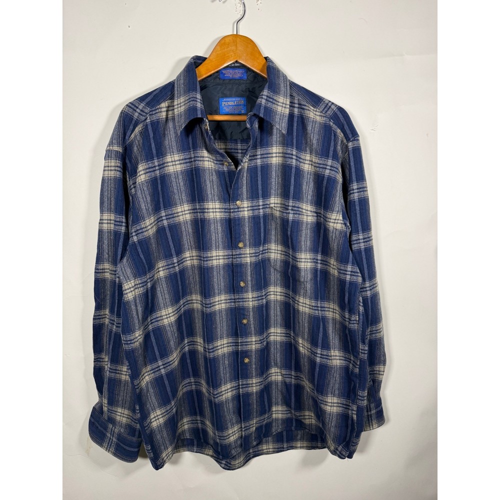 Pendleton Mens XL Blue Plaid 100% Virgin Wool Long Sleeve Button Down Shirt