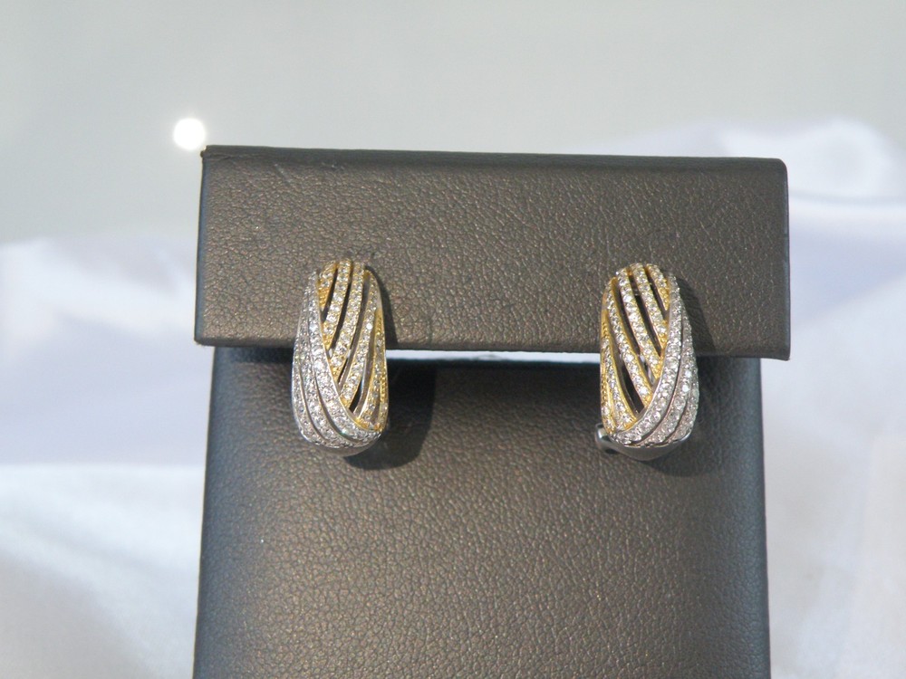 Vintage Sterling Silver 925 Gold Pave CZ Huggie Small Hoop Omega Earrings