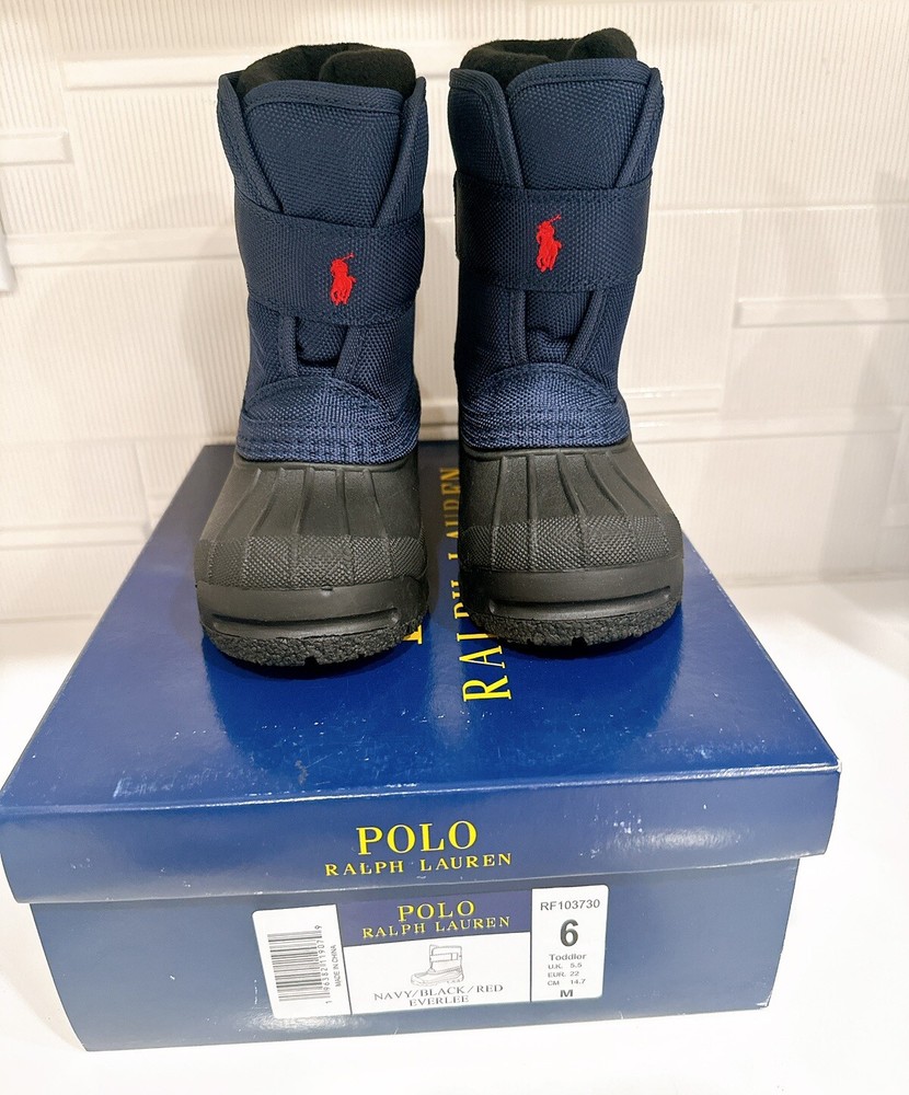Polo Ralph Lauren Boys Shoes Everlee Navy Black Red, Size 6 Toddler, EUR 22- NEW