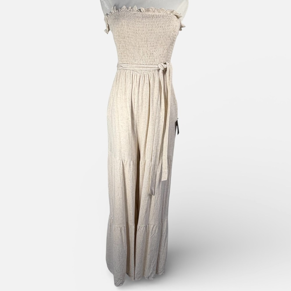 Lulus Strapless Wide Leg Jumpsuit Smocked Linen Blend Cream Size S NWT