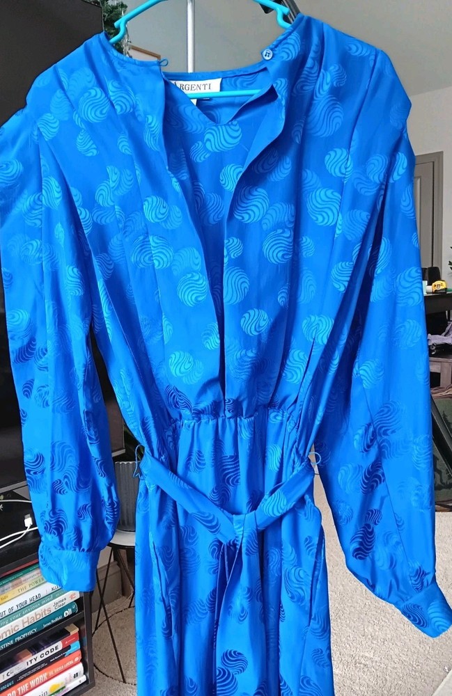Vintage Argenti Blue Pure Silk Wrap Dress Womens 12 Belt Pattern
