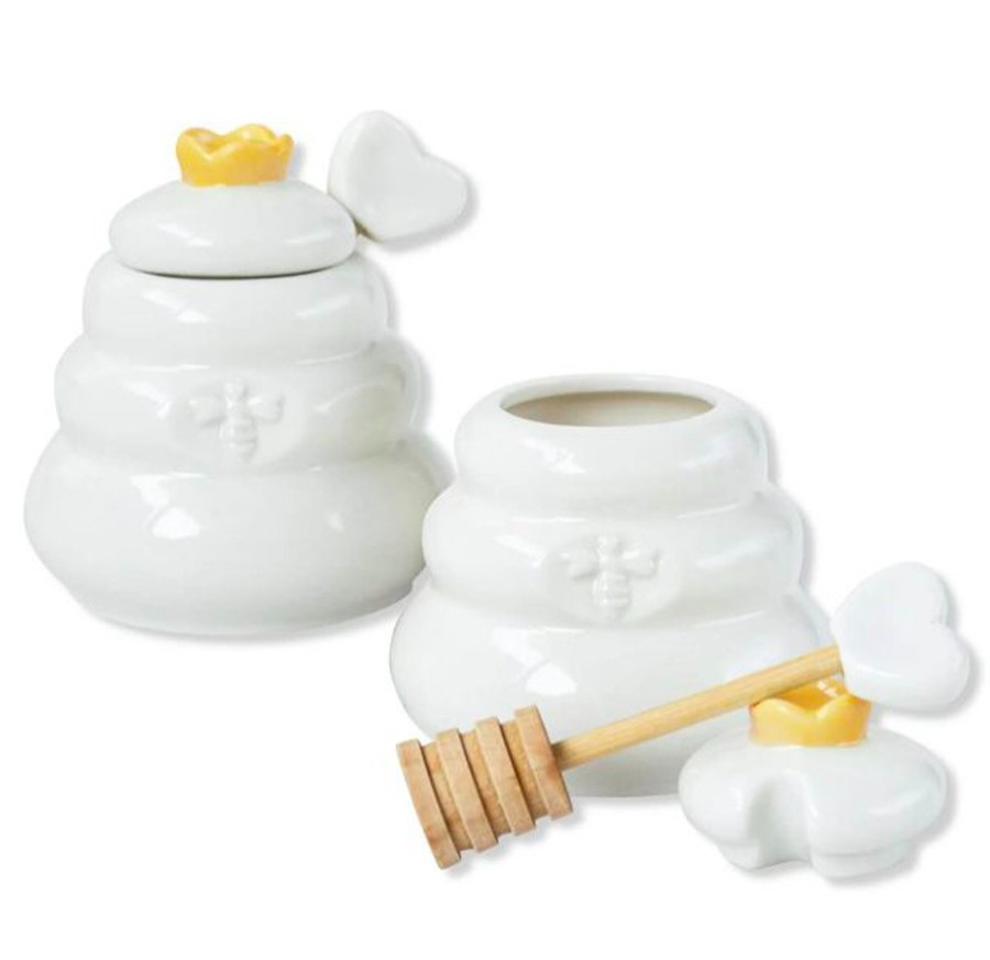 Kate Aspen Ceramic Bee Hive Mini Honey Jar & Wooden Honey Dipper Set of 2