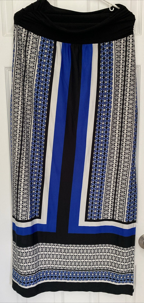 B Design Maxi Skirt Womens Size L Blue White Black Stretch Elastic Waist
