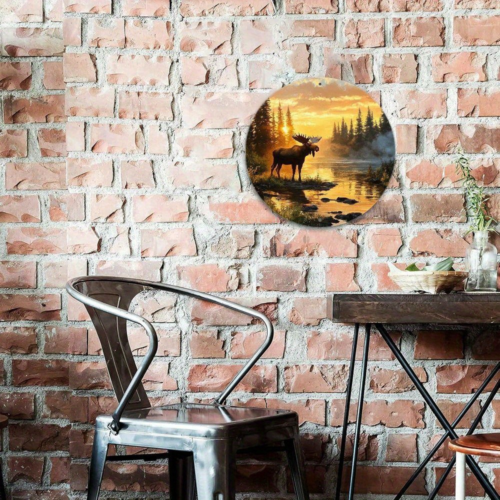 Vintage Moose Sunset Scene Round Aluminum Wall Art
