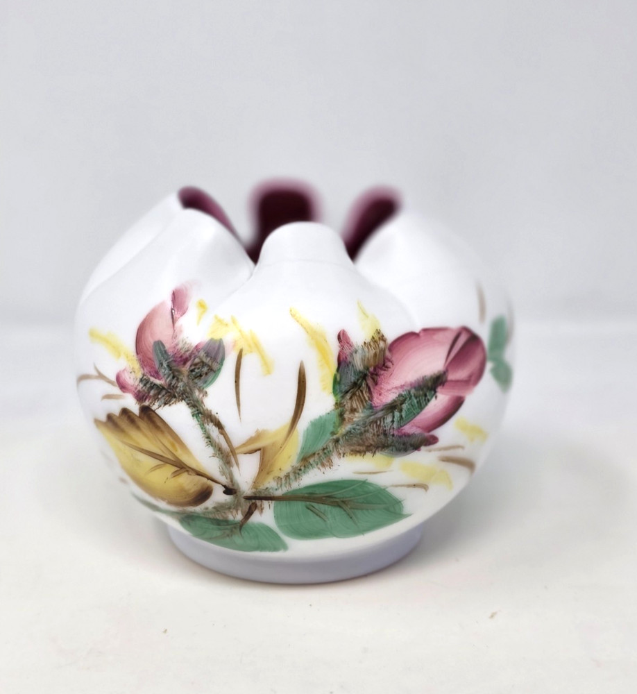 Vintage Hand Painted Satin Glass Rose Bowl Vase White Cranberry Interior Fenton