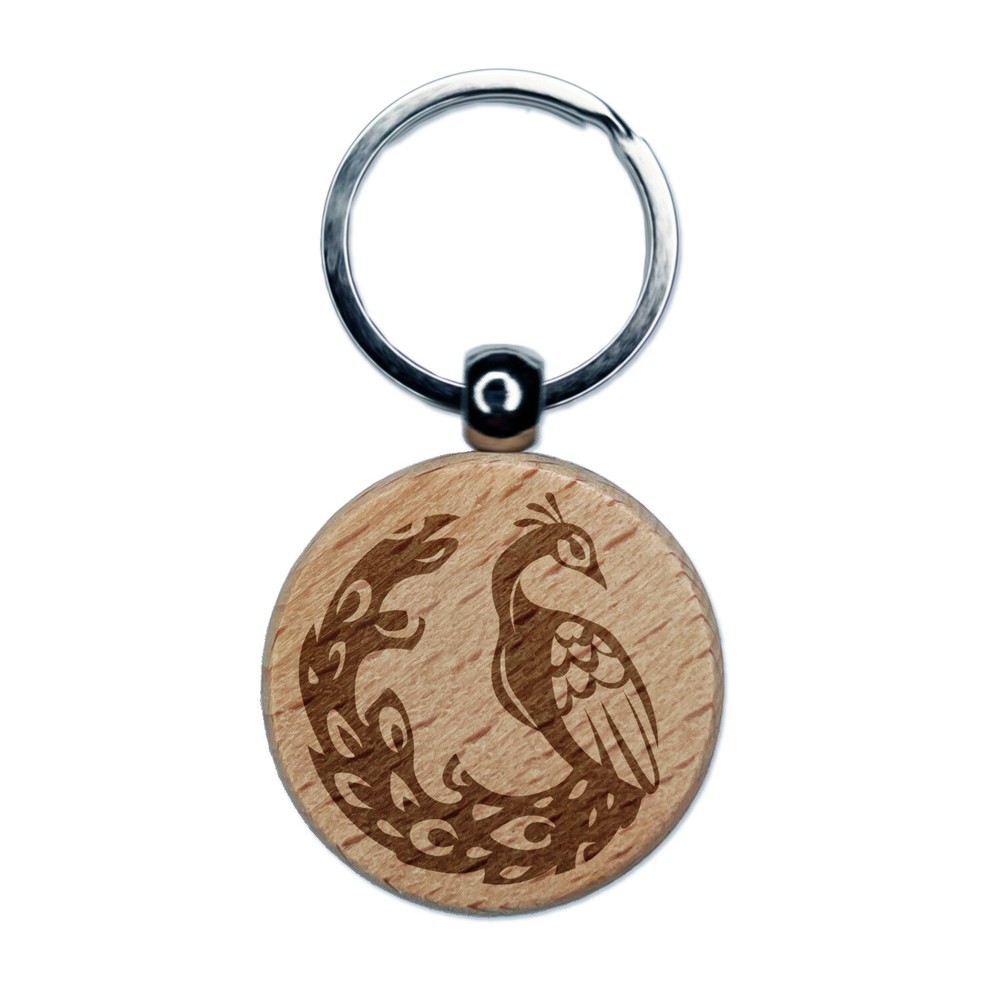 Elegant Sitting Peacock Engraved Wood Round Keychain Tag Charm