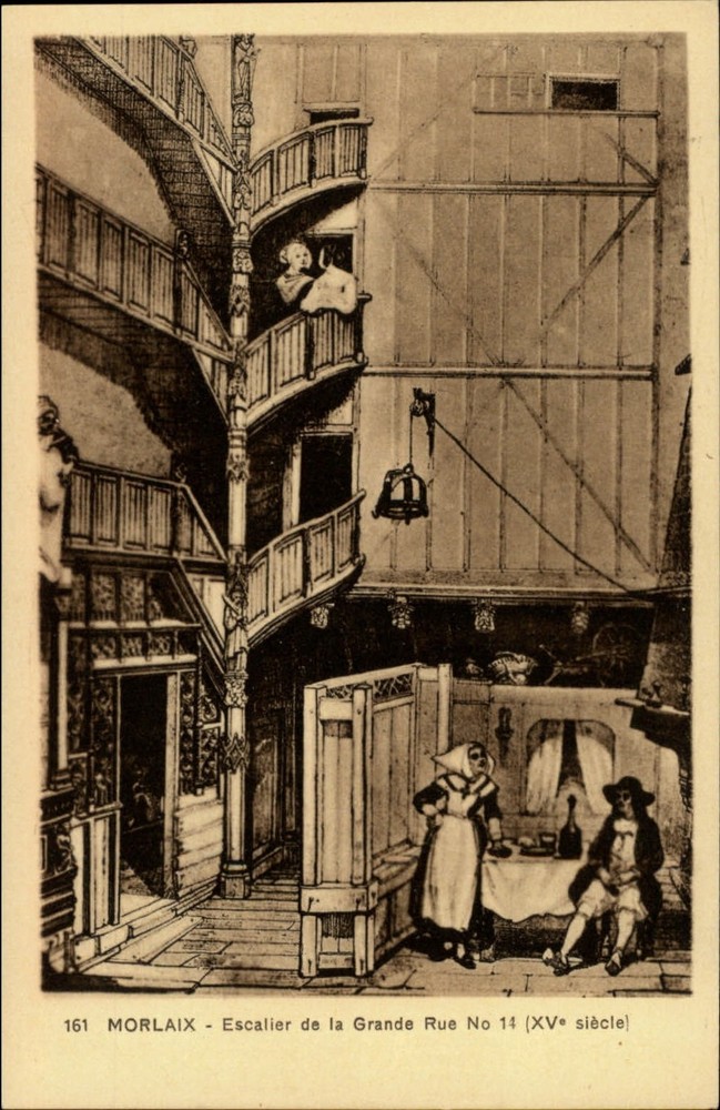 Staircase Morlaix Brittany France vintage postcard s745
