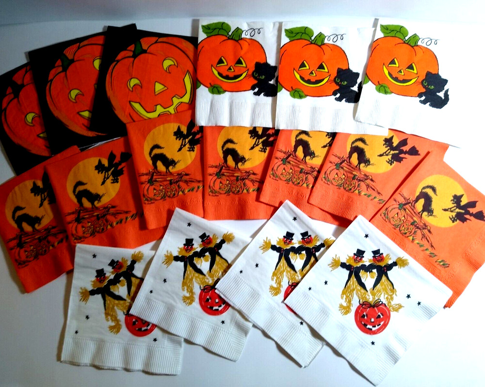 Lot Of 17 Vintage Halloween Paper Napkins Scarecrows, Black Cats, Witches, JOL