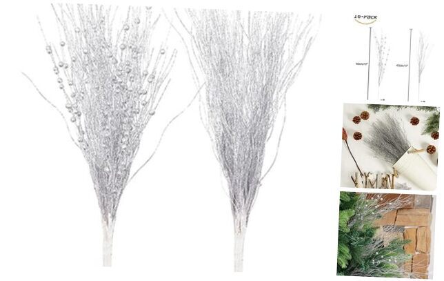 SLK 16-Pack Artificial Glitter Berry Stem Ornaments, Christmas Silver