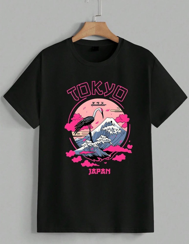 Tokyo Japan T-Shirt Mount Fuji Great Wave Crane Graphic Pink Aesthetic Unisex