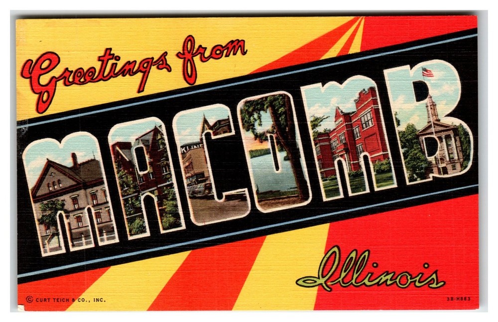 Greetings from Macomb Illinois Large Letter Linen Postcard 1943 Curt Teich