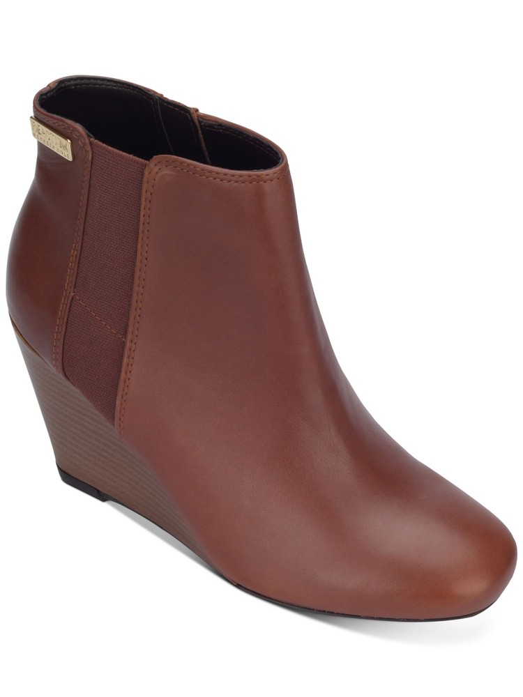 KENNETH COLE Womens Brown Gore Logo Marcy Round Toe Wedge Leather Booties 8 M