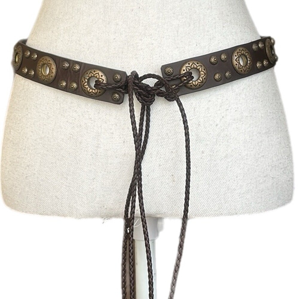 Italian Brown Leather Studded Belt with Grommets Women's Size M 80 cm