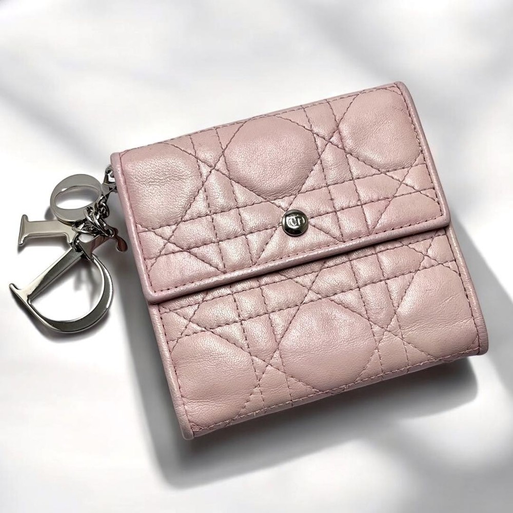 Dior Lady Canage Lotus Wallet CD Button Folding Classic Purse