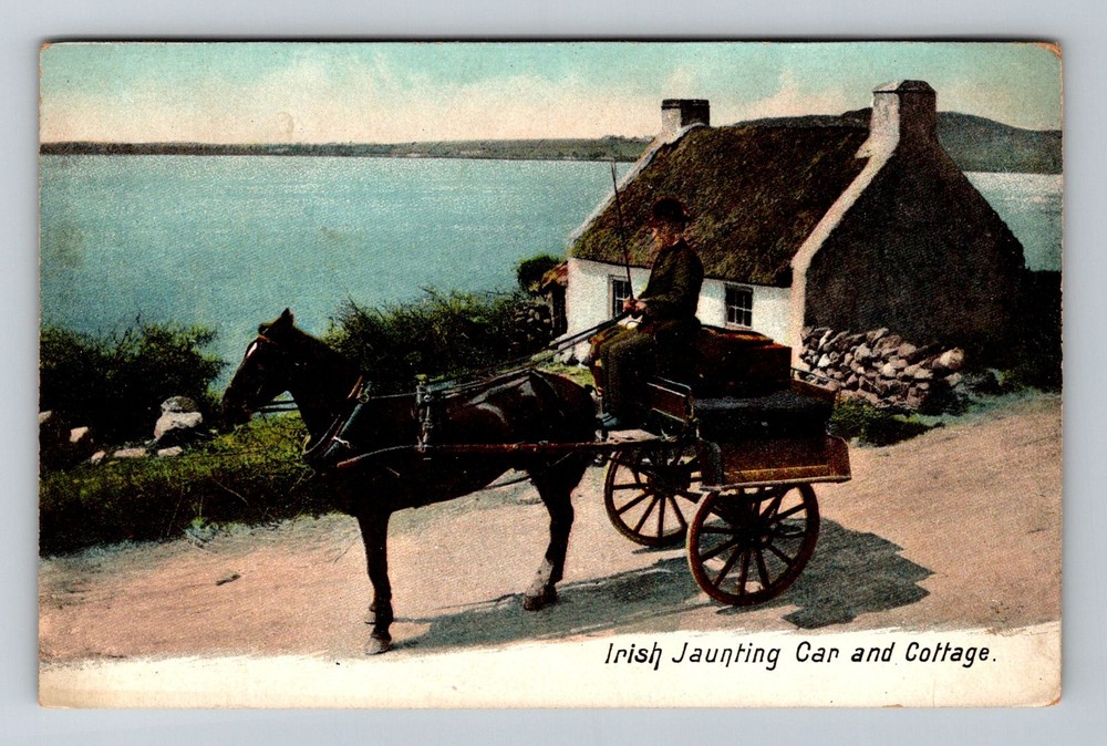 Ireland- Irish Jaunting Car And Cottage By The Sea Postal Old Vintage Postcard