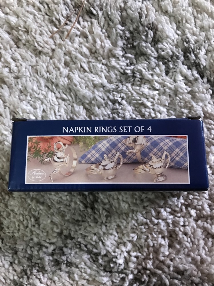 Vintage Silver plated Teapot Napkin Rings Andrea By Sadek Set Of 4 New In Box