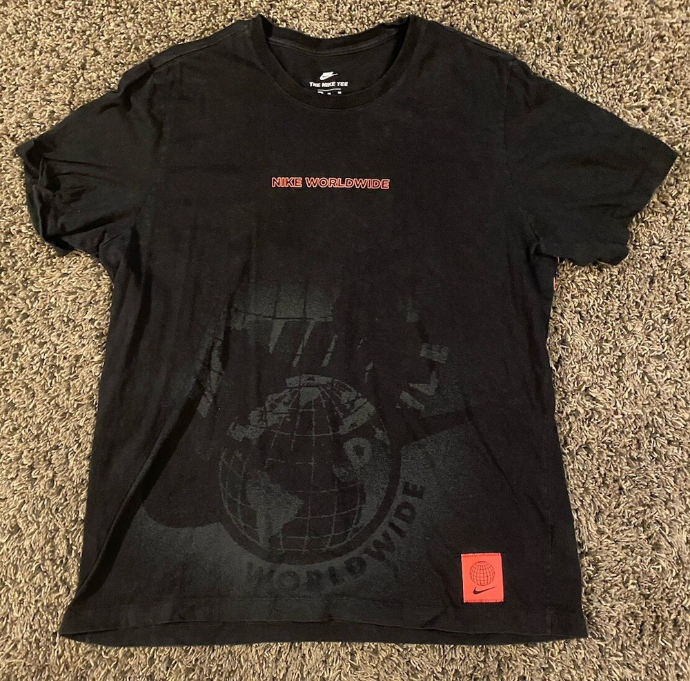 Nike Shirt Mens XL Black Swoosh Tee Cotton Short Sleeve Big Logo Worldwide Logo