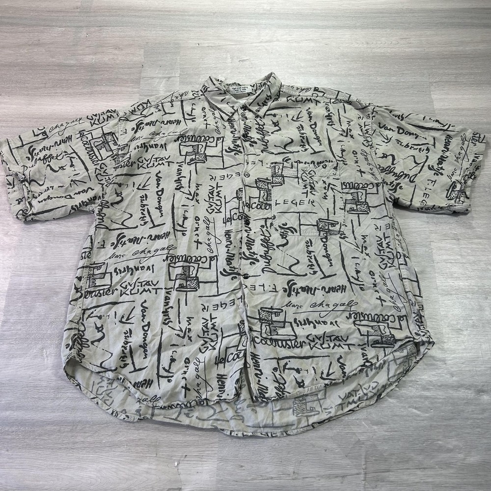 VINTAGE Goouch Shirt Mens XL Beige Art Print Rayon Button Up Abstract Graphic-image