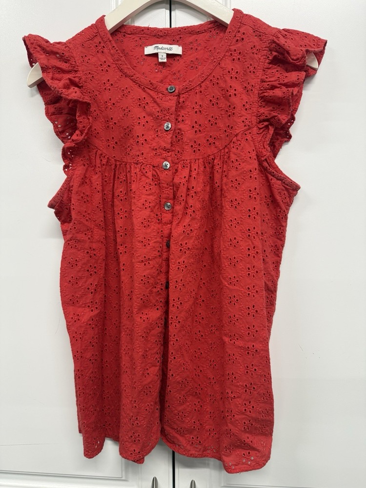 Madewell Red Eyelet Flutter Sleeve Blouse Top Button Front Cottagecore Size S