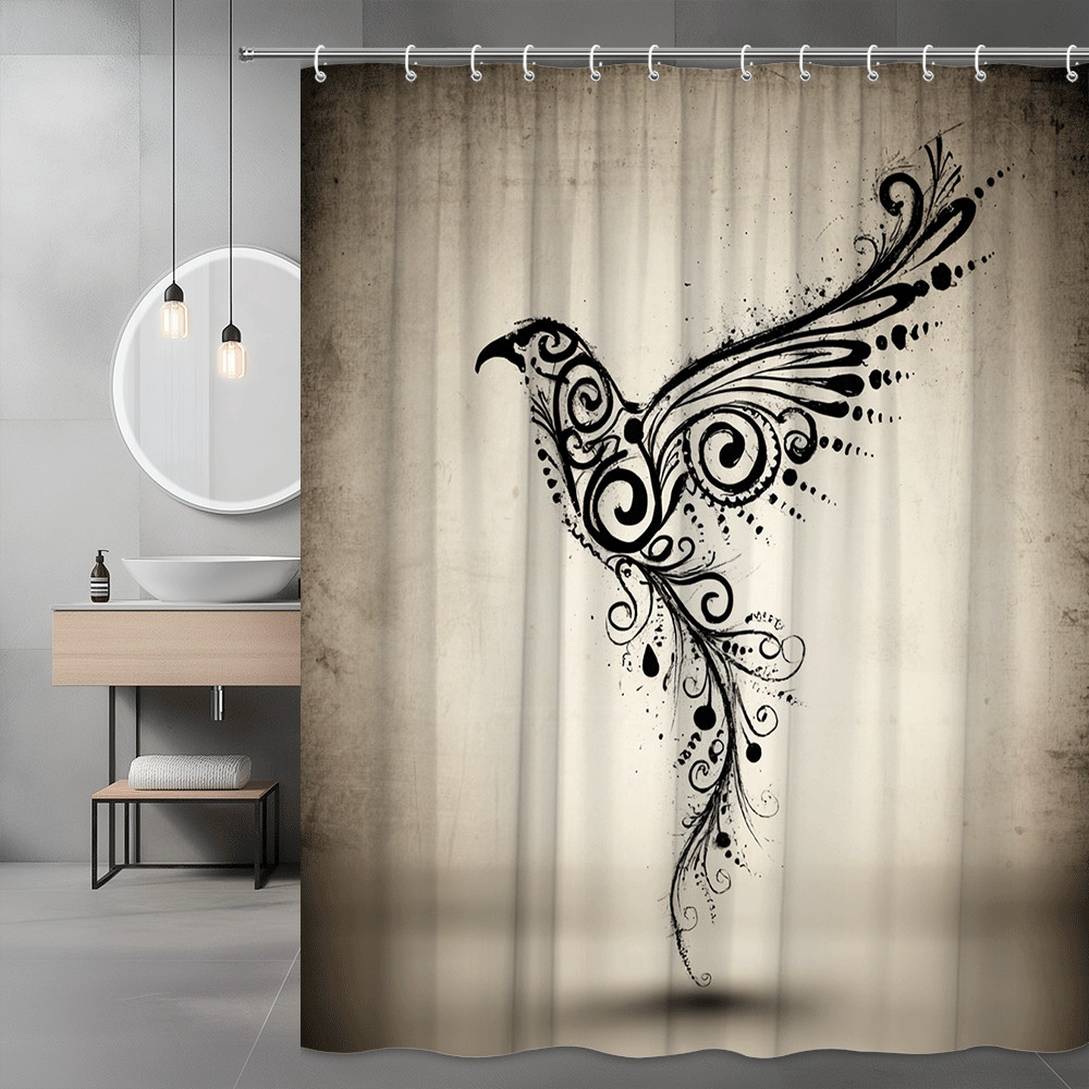 Black Bird Graphic Shower Curtain Abstract Swirl Print