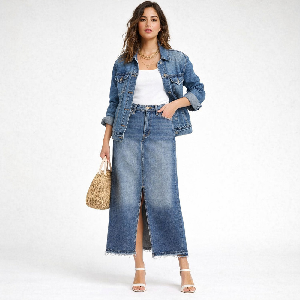 Womens High Rise Denim Maxi Skirt Size 6 Front Slit Frayed Hem Medium Wash