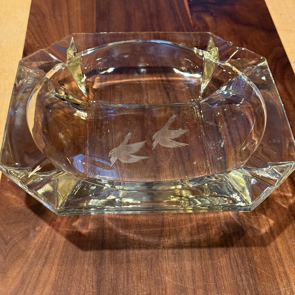 Vintage Mid Century Glass Ashtray Etched Ducks Geese 8” Square Heavy