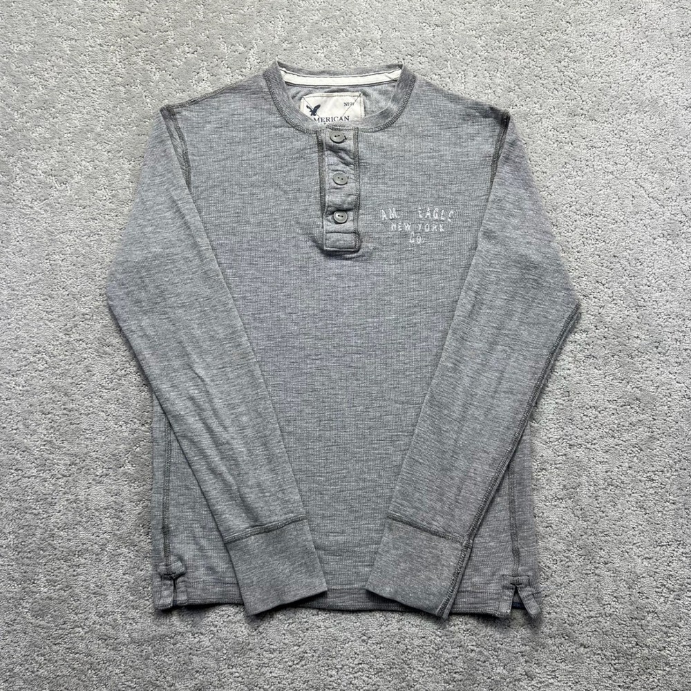 American Eagle Shirt Mens Small Gray Waffle Knit Henley Long Sleeve Distressed