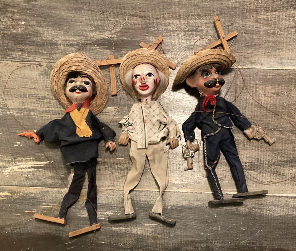 3 Vintage Mexican Marionettes 14” Tall Gunslingers