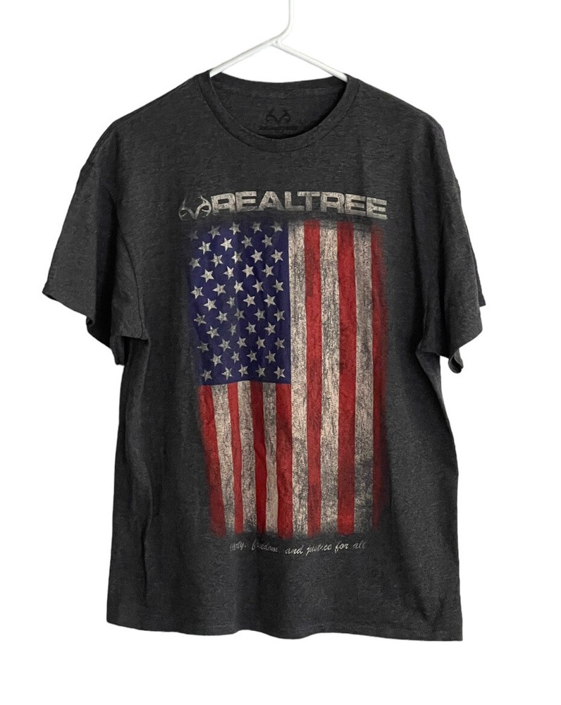 Realtree Shirt Adult Large Gray Short Sleeve USA American Flag Tee Men