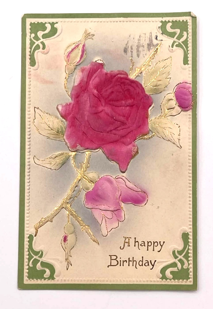 Embossed Rose Happy Birthday Postcard Gold Gilt Floral Antique Posted