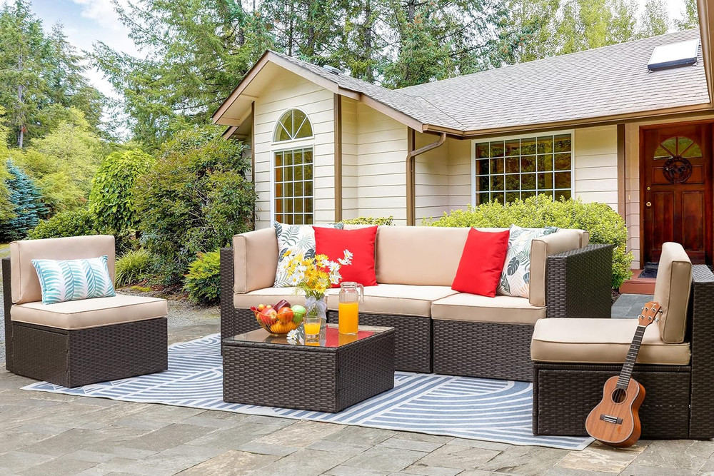 Vongrasig 6 Pieces Outdoor Patio Furniture Set, PE Wicker Rattan Sectional Sofa