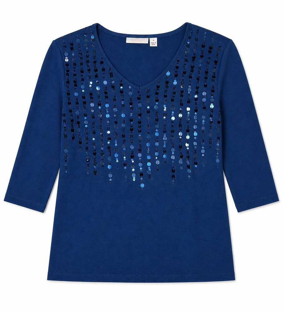 Quacker Factory Blue Sequin Knit V-Neck 3/4 length Sleeve Blouse Women's Size L