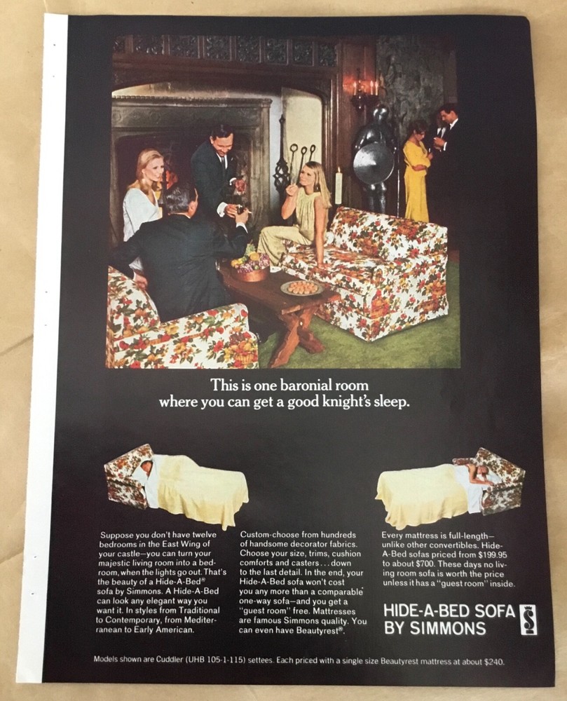 Hide A Bed Simmons 1966 vintage print ad 60s retro art home decor party Castle