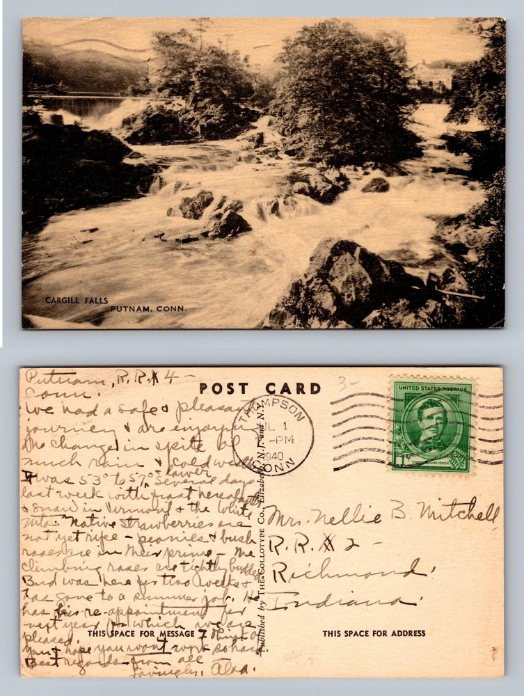 Putnam, CT-Connecticut, Cargill Falls Rapids Rock View c1940 Vintage Postcard