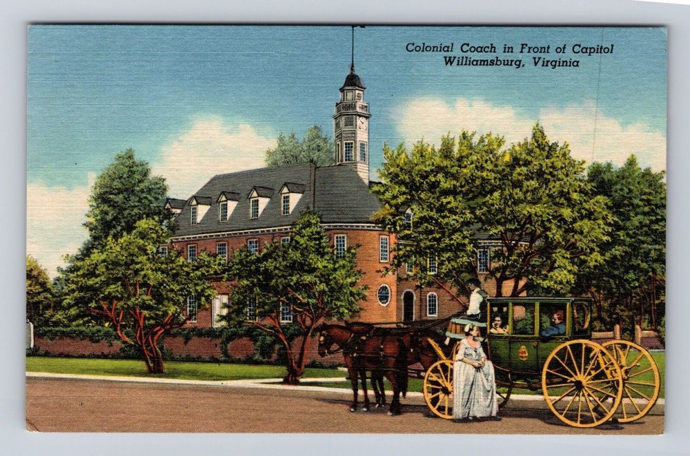 Williamsburg VA-Virginia, Colonial Coach In Front Of Capitol, Vintage Postcard