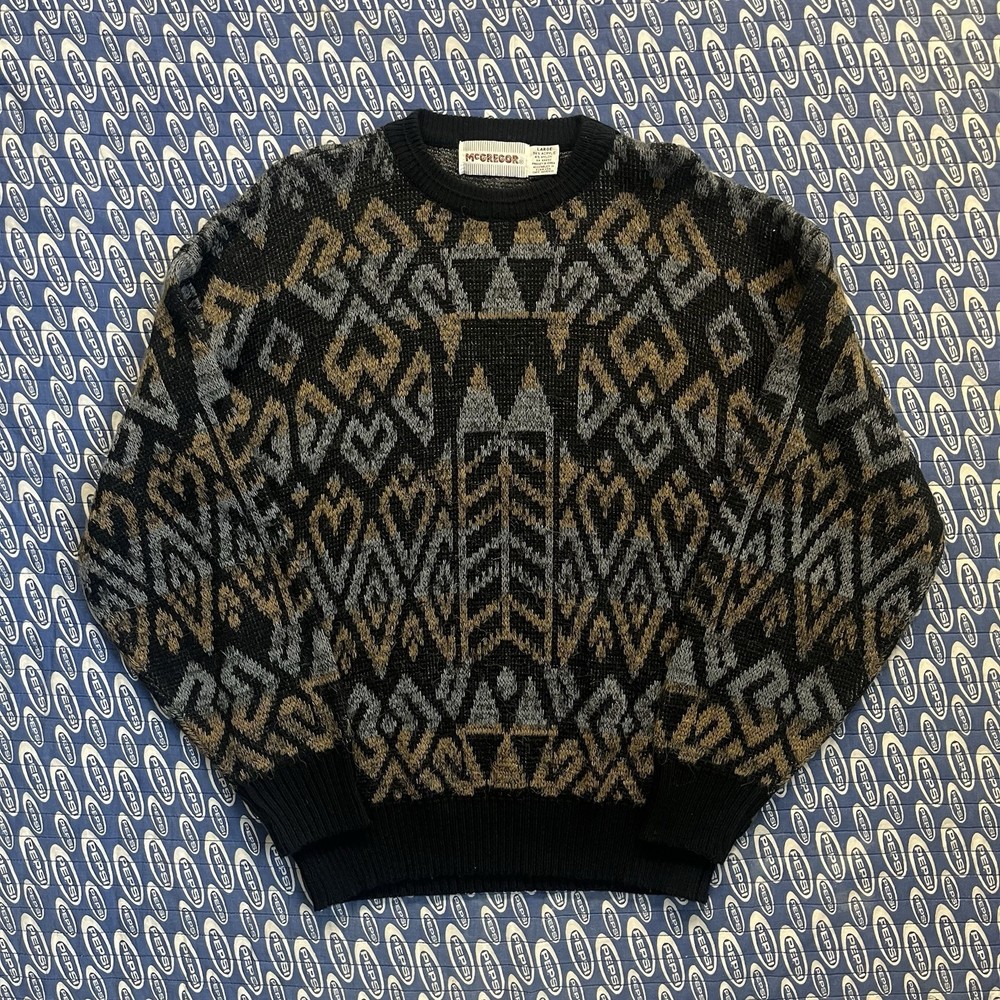Vintage McGregor Geometric Pattern Acrylic Sweater Grandpa Crew Size Large Black