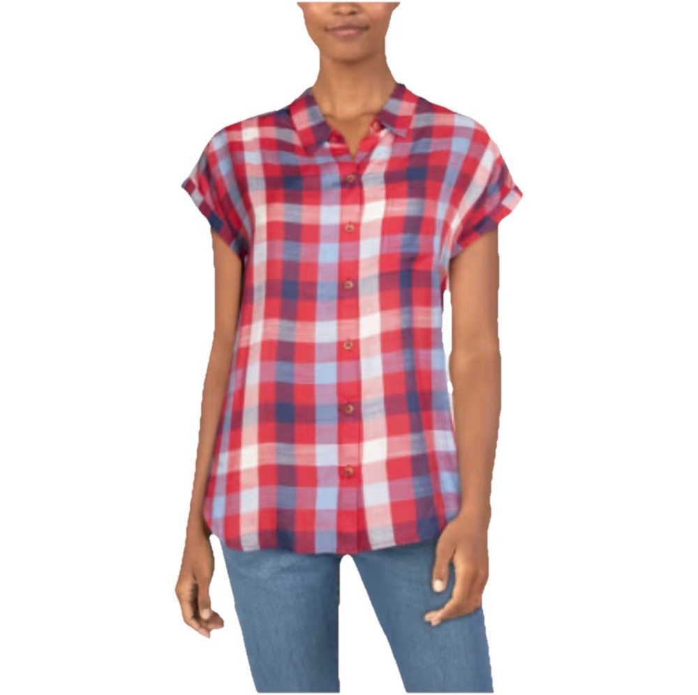 Natural Reflections Red Blue size XL button up 100% cotton double gauze top NWT