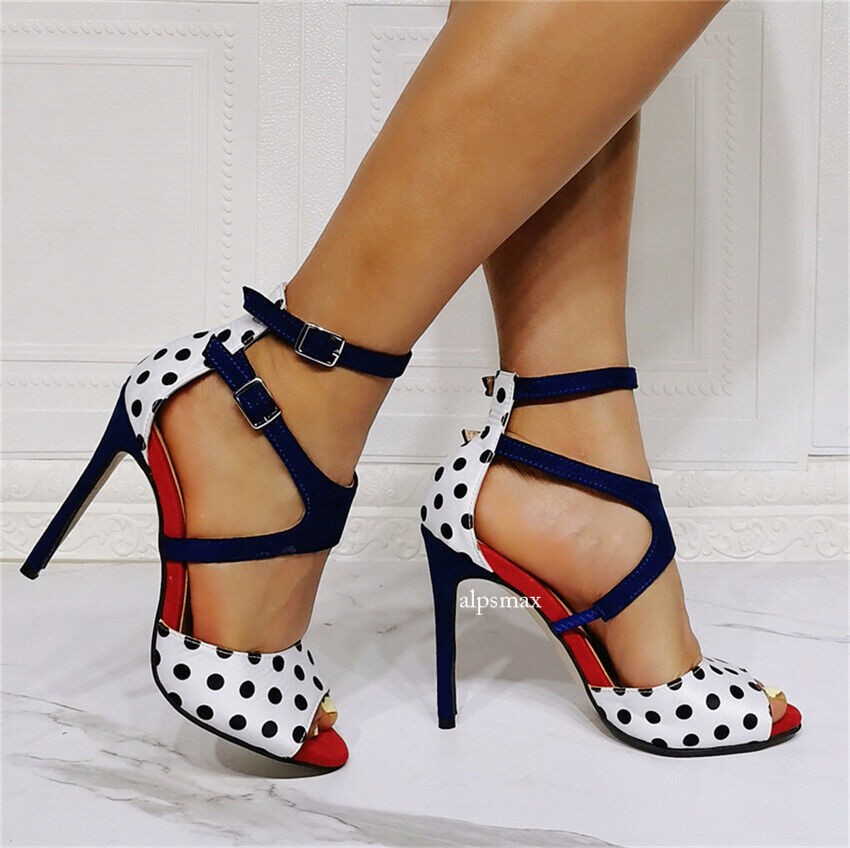 Womens Pumps Polka Dot Peep Toe Ankle Buckle Sexy Stilettos Party Shoes Sandals