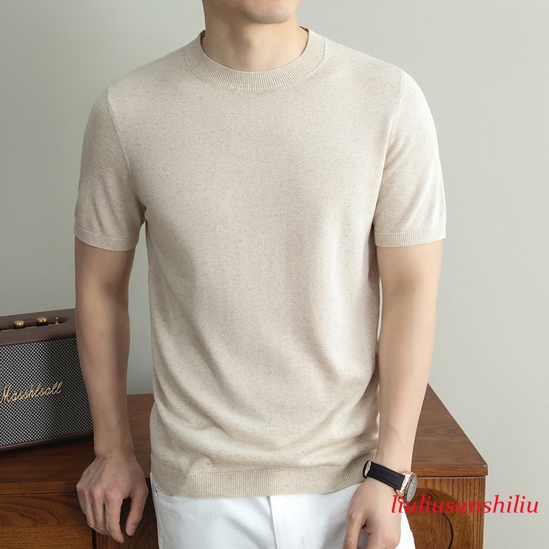 Mens T-shirt Summer Linen Blended Knitted Round Neck Short Sleeve Business Shirt