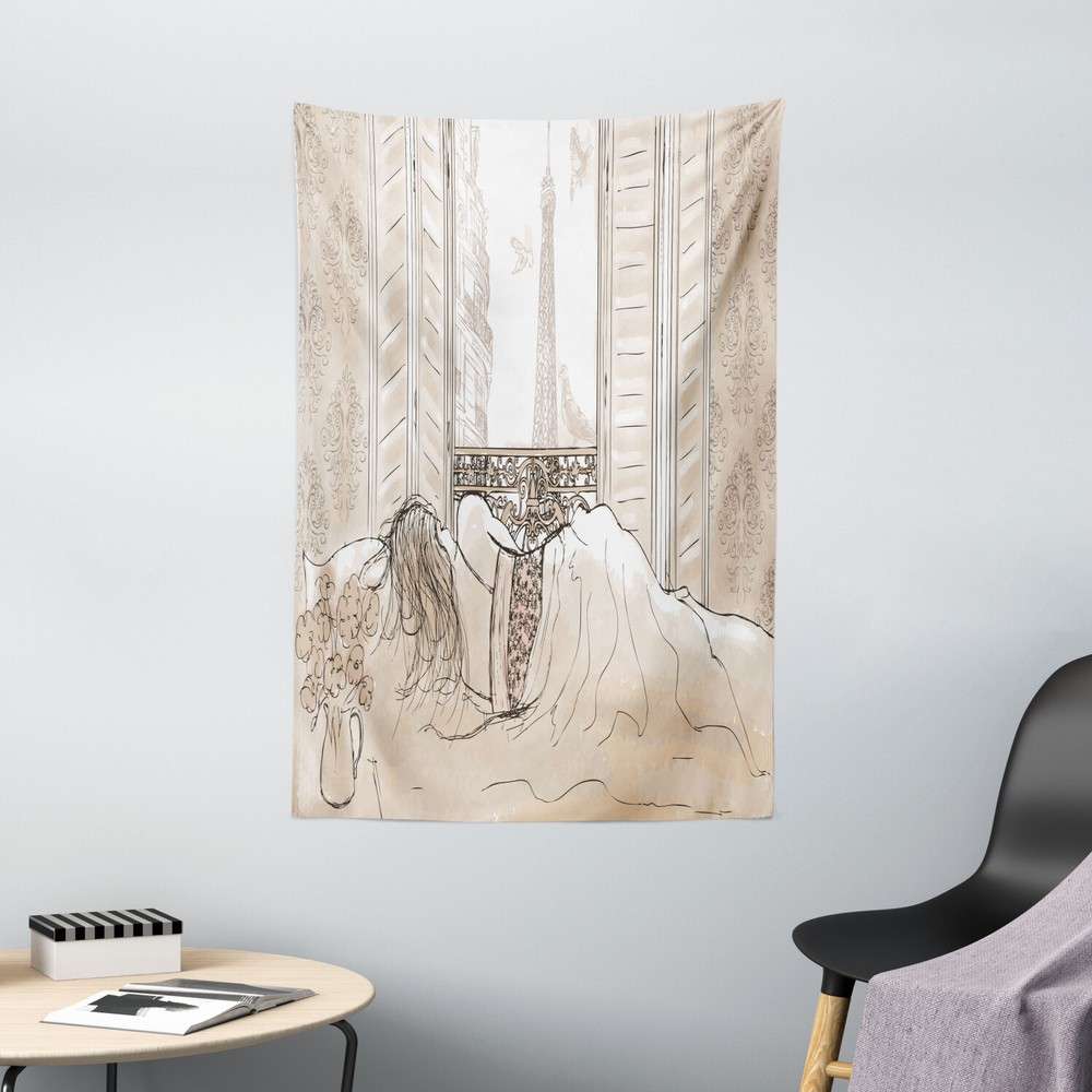 Cream Tapestry View of Eiffiel Tower Print Wall Hanging Decor