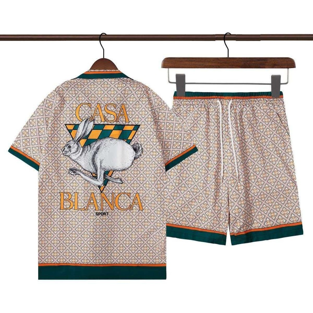 Casablanca full print check rabbit logo print casual short sleeve set for men an